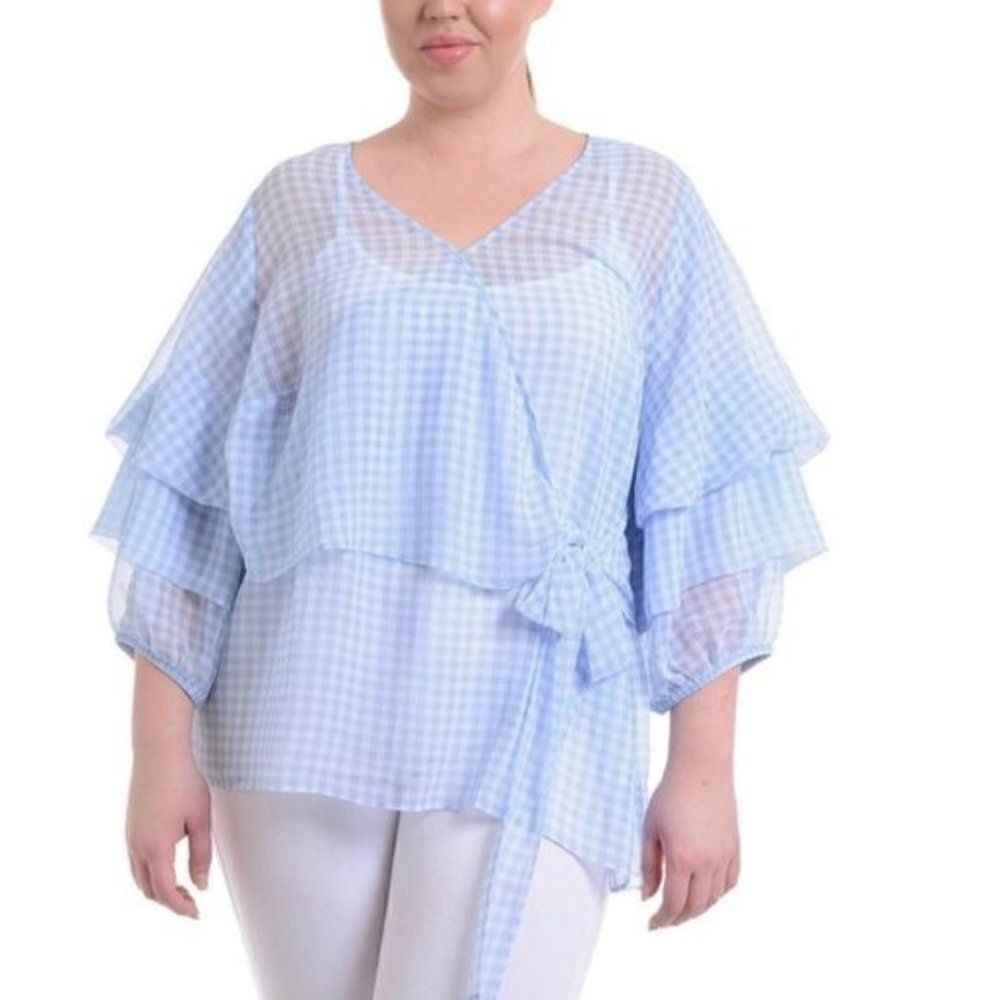 NY Collection Sheer Gingham Wrap Blouse Size S